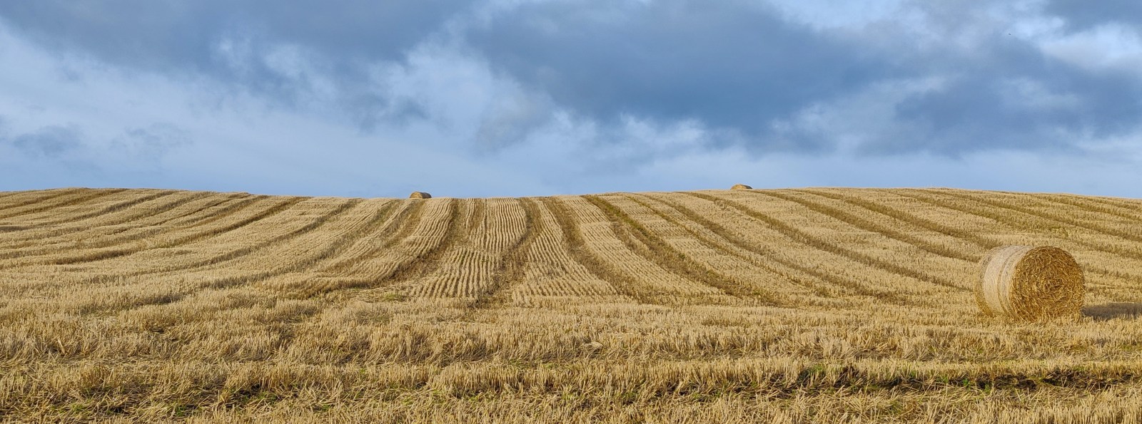 Field with a bale of hay against a cloudy sky